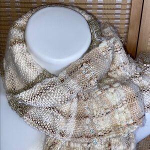 Nangellini Handmade Ruffled With Fringe Buttons Knit Scarf Neutral Colors